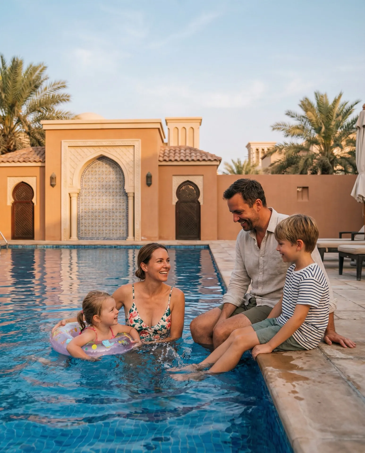 Happy family by the pool in Dubai